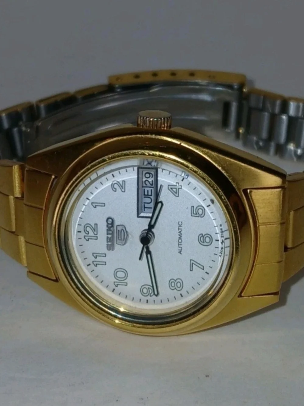 ​Seiko 5 Automatic Watch Gold Tone White Dial Day Date 4206-0600 Runs Vintage